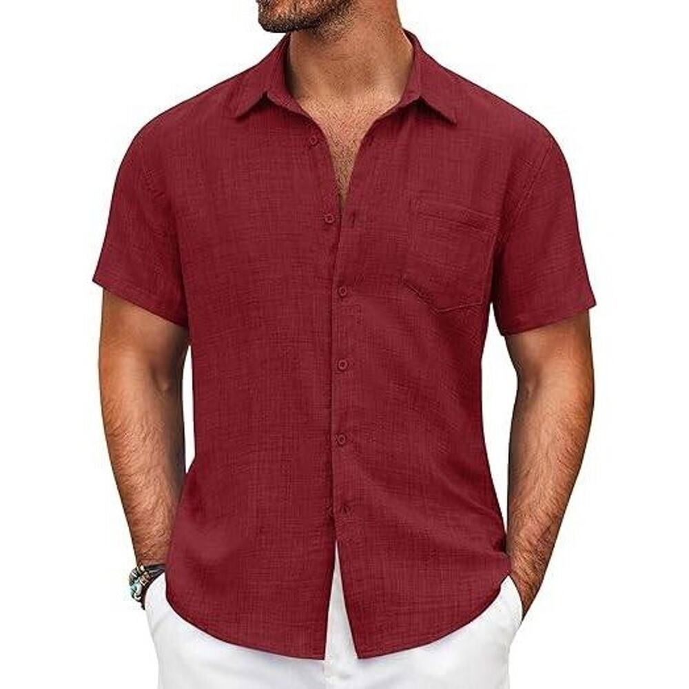 Coofandy Short Sleeve Linen Blend Button Down Shirt Beach Top Red Men's S NWT